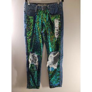Machine Jeans Nouvelle Mode Straight Leg Distressed Sz 25 Green Sequins Italy 39